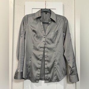 Express Elite Stretch Satin Button‑Down Shirt | Grey | Women’s Medium 🤍✨